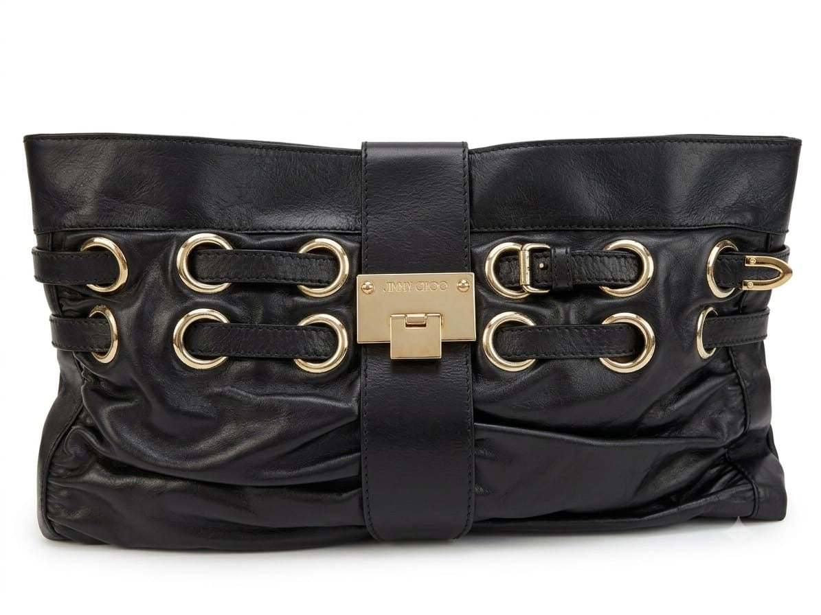 Rio black leather clutch with gold metal hardware