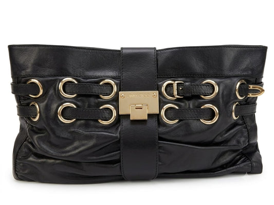 Rio black leather clutch with gold metal hardware