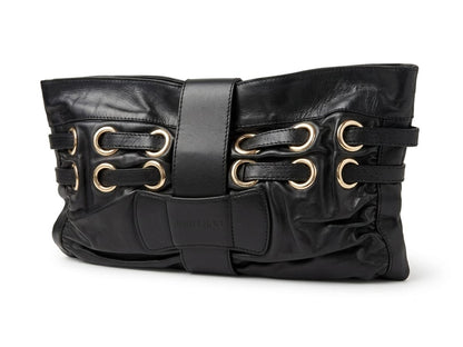 Rio black leather clutch with gold metal hardware