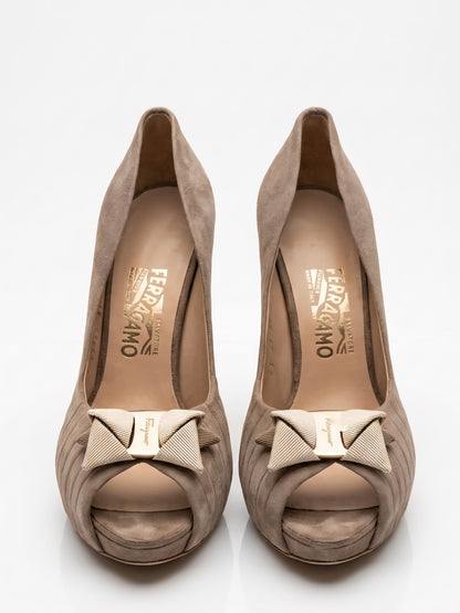 Beige Suede peep-toe platform heels