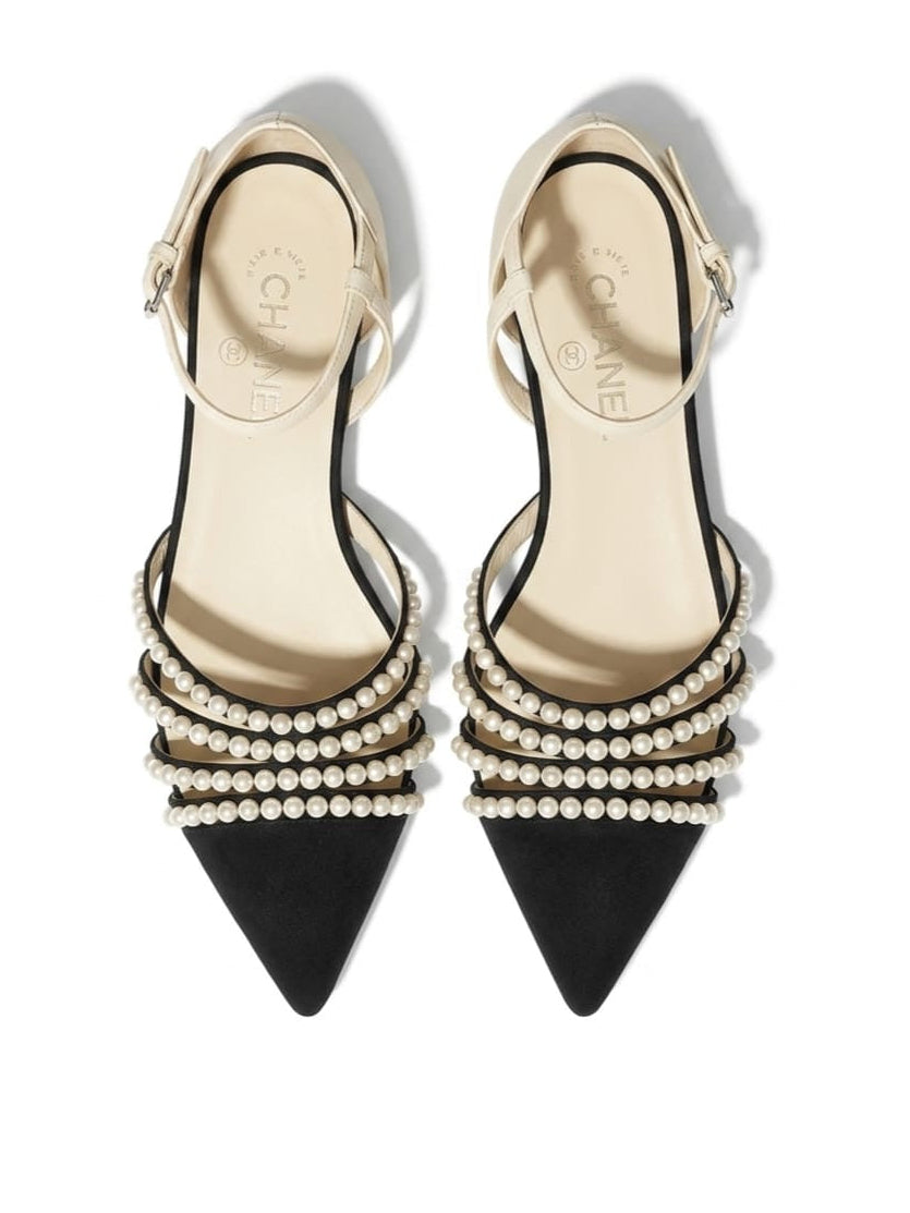 Pearl embellished pointed-toe ankle-strap flats