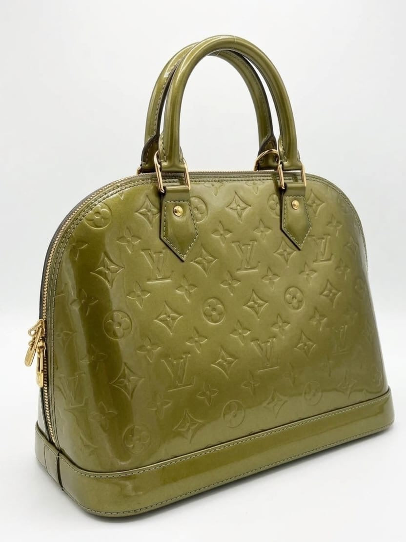 Vert Bronze Monogram Vernis Alma bag in a structured patent leathe