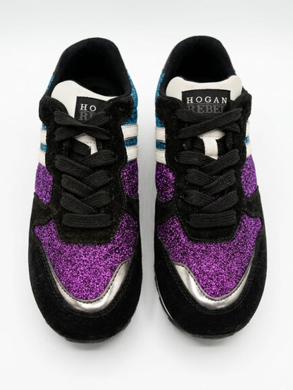 Rebel R261 sneakers featuring blue and purple glitter with a pony hair