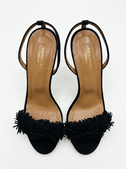 Black suede fringe ankle-tie stiletto sandals
