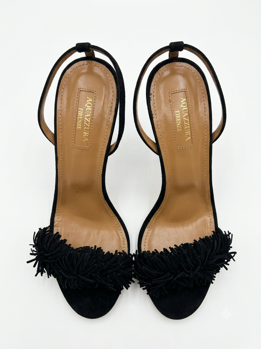 Black suede fringe ankle-tie stiletto sandals