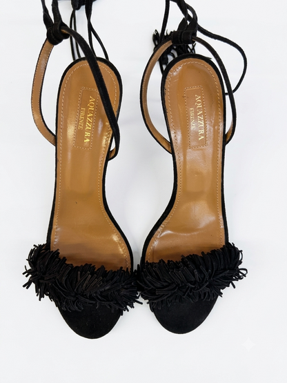 Black suede fringe ankle-tie stiletto sandals