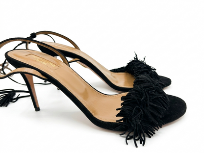 Black suede fringe ankle-tie stiletto sandals