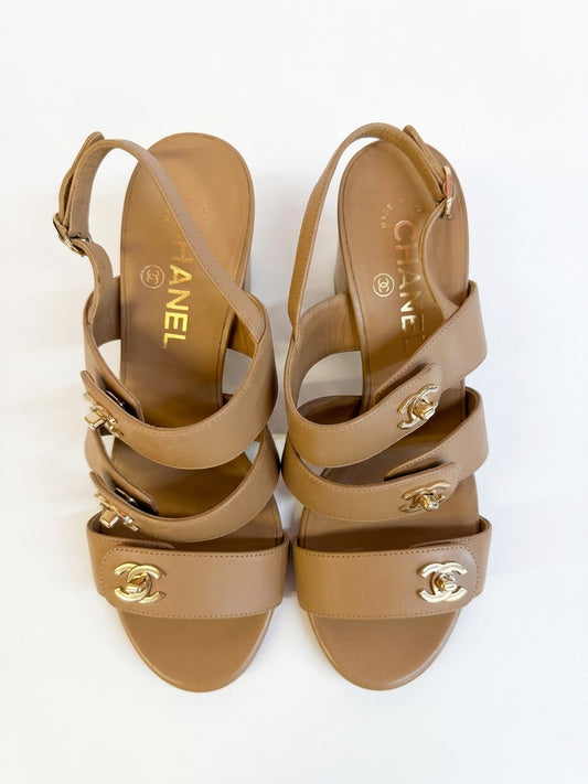 Beige leather slingback sandals