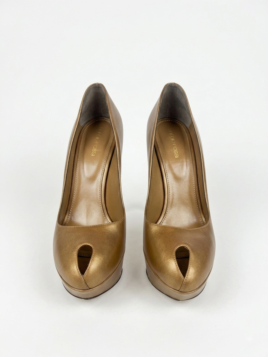 Metallic bronze leather tear-drop peep-toe platform pumps