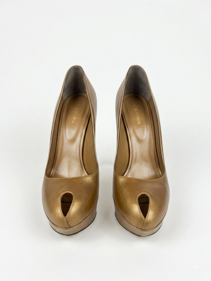 Metallic bronze leather tear-drop peep-toe platform pumps