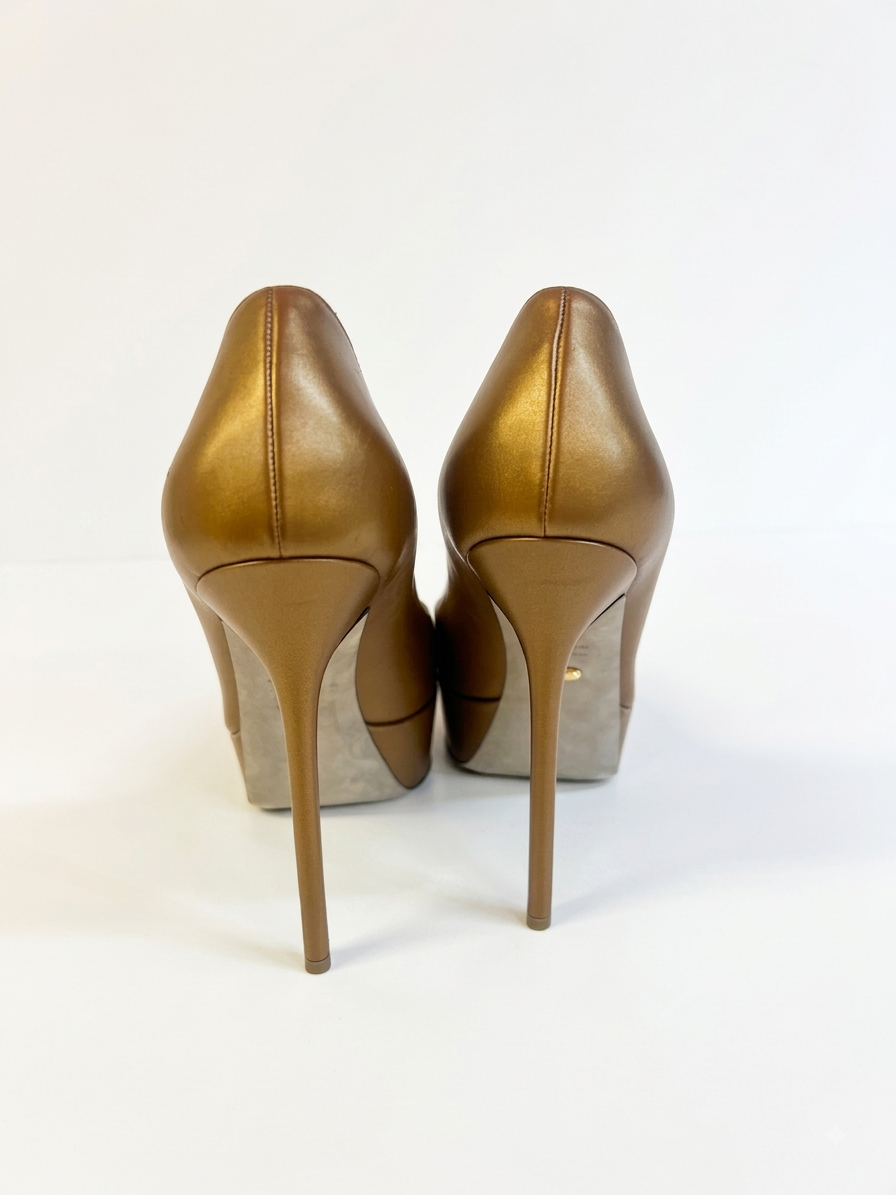 Metallic bronze leather tear-drop peep-toe platform pumps