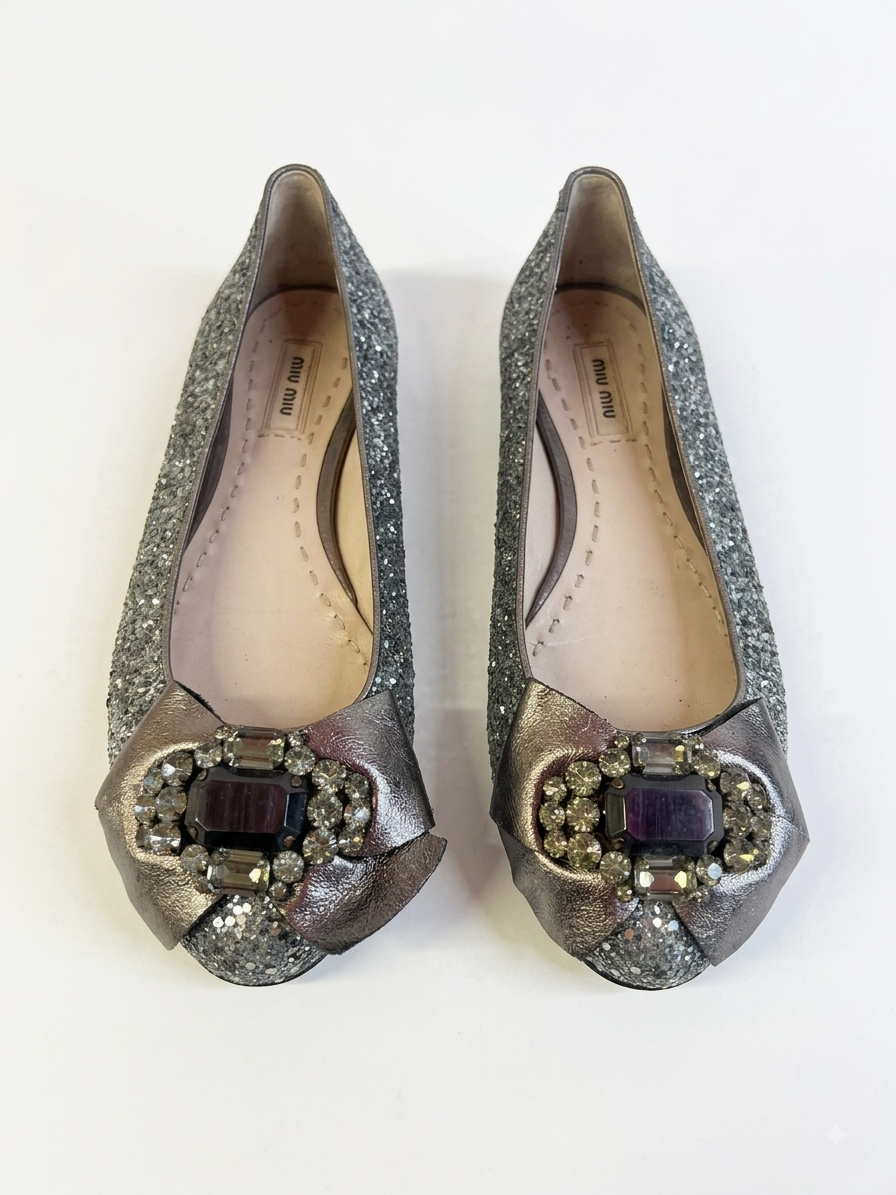 Silver glitter and leather bow ballerina flats