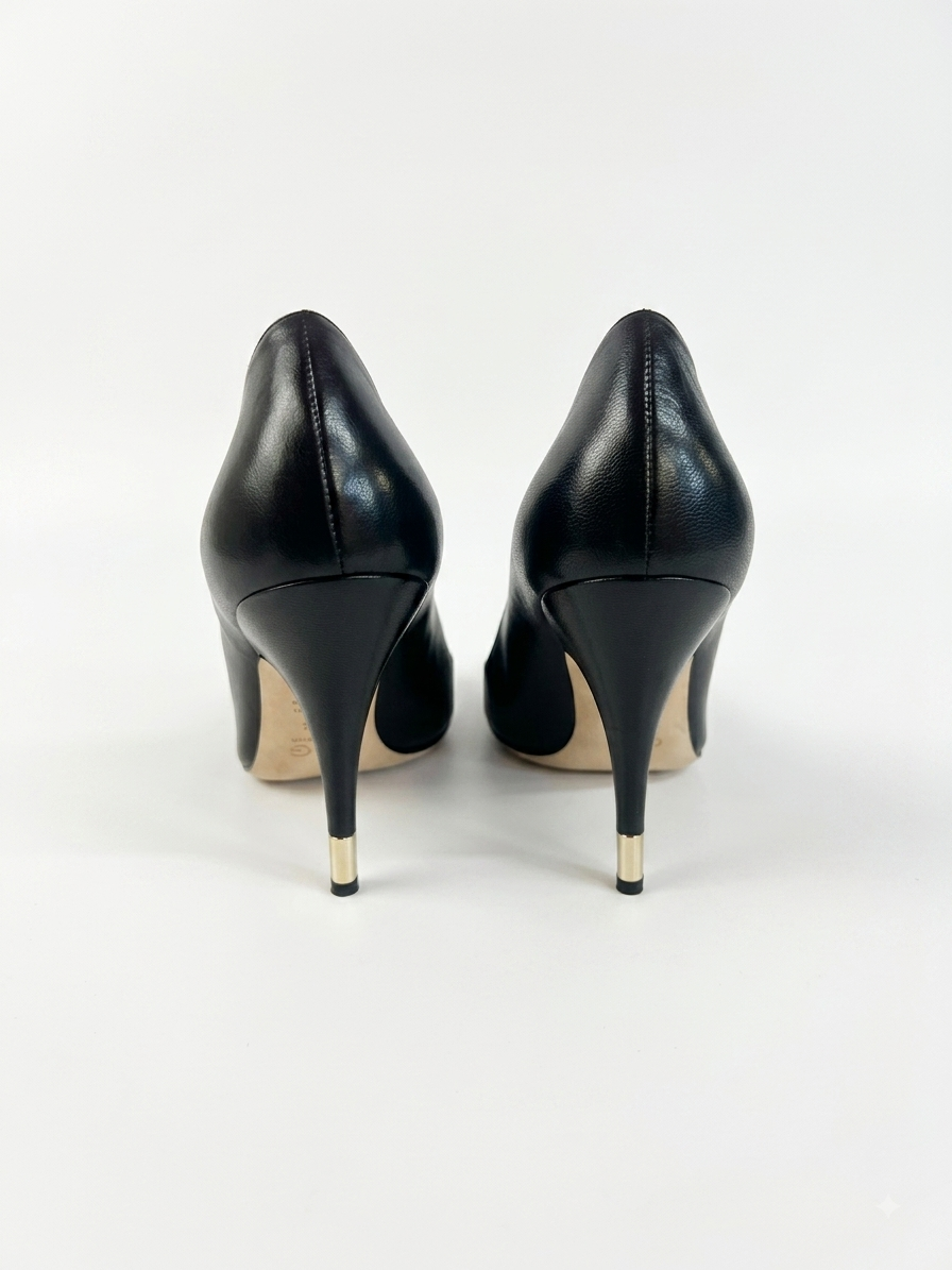 Black leather peep-toe pumps