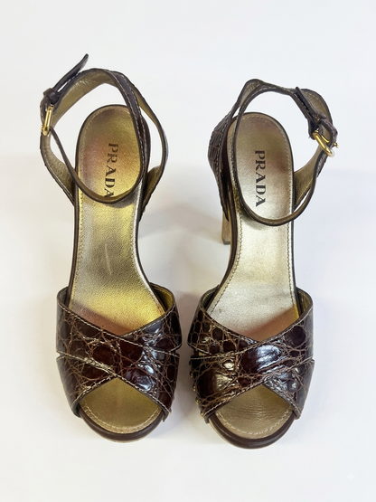 Brown alligator-print cork heel platforms