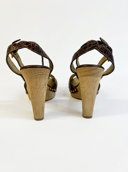 Brown alligator-print cork heel platforms