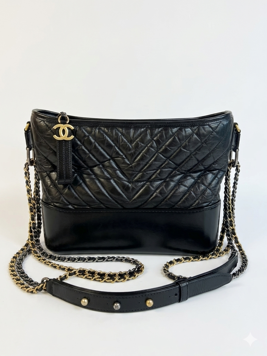 Quilted Chevron Gabrielle Black Hobo Bag