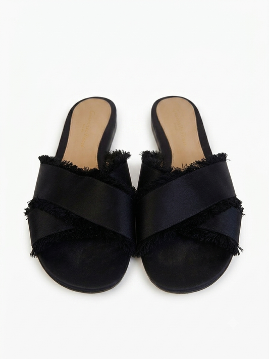 Black Satin Criss-Cross Slide Sandals with Frayed Trim