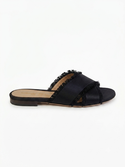 Black Satin Criss-Cross Slide Sandals with Frayed Trim