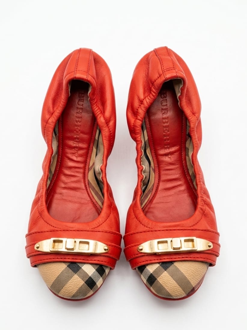 Red leather Haymarket check scrunch ballet flats