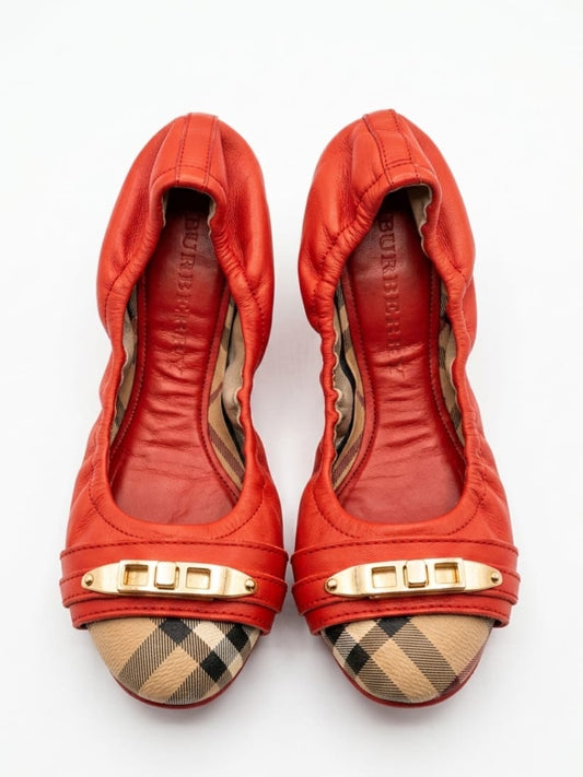 Red leather Haymarket check scrunch ballet flats
